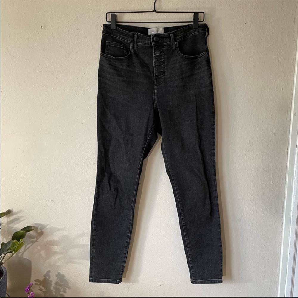 Everlane High Rise black denim skinny jeans with button up fly